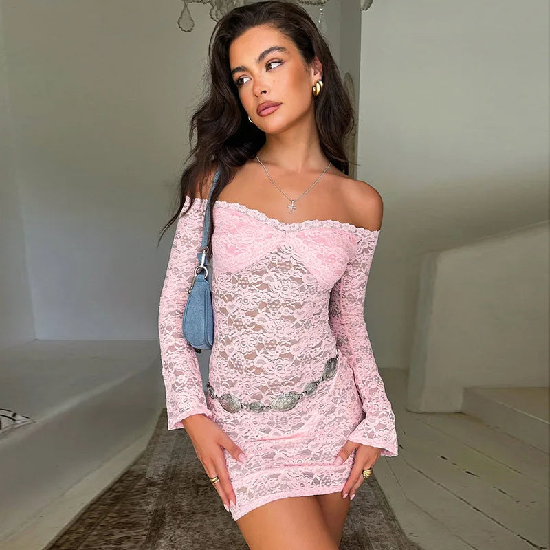 Sexy Off Shoulder See-Through Lace Long Sleeve Slim Splice Evening Mini Dress Trendy Mini Dress with Belt