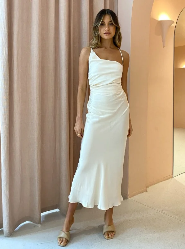 Shona Joy La Lune Asymmetrical Midi Dress in Cream Comfortable Adjustable Strap Midi Dress