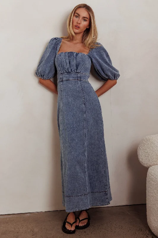 Sibille Puff Sleeve Maxi Dress Denim Blue Cozy Maxi Dress with Slit