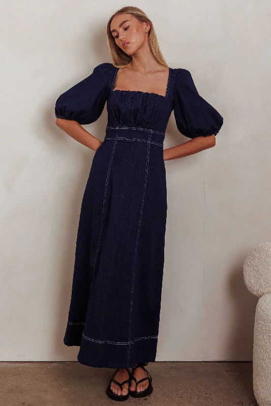 Sibille Puff Sleeve Maxi Dress Denim Indigo Trendy Ruffled Maxi Dress