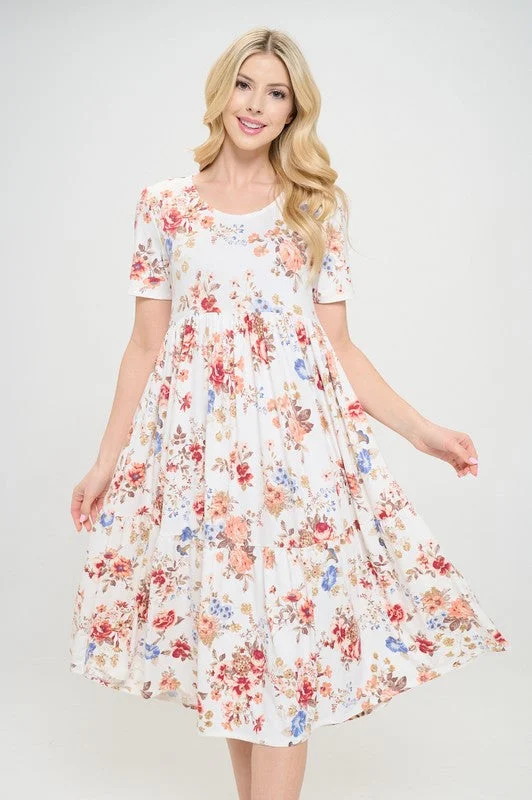 Tiered Floral Midi Dress in Ivory Floral Style 333 Stylish Silk Midi Dress