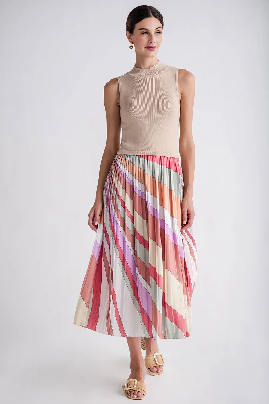 Skies Are Blue Knitted-Panel Satin Pleated Midi Dress Elegant Satin Slip Midi Dress