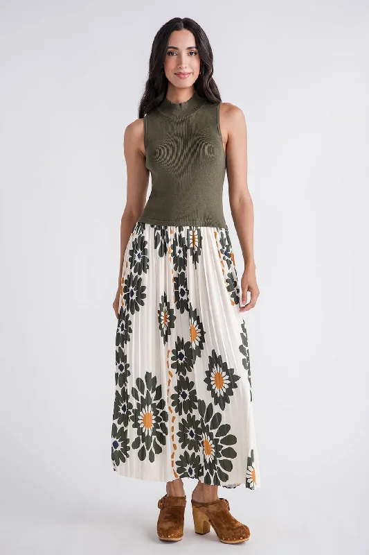 Skies Are Blue Printed Pleated Midi Dress Trendy Square Neck Midi Dress