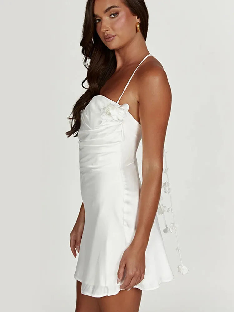 Slim Sleeveless Open Back Floral Suspenders Summer Birthday Sexy Mini Dress Chic Halter Mini Dress