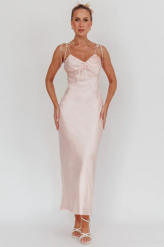 Slow Burn Tied Shoulders Satin Maxi Dress Pink Fashionable Chiffon Maxi Dress