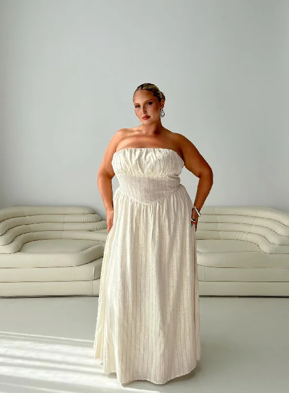 Slow Dance Linen Blend Maxi Dress Cream / Blue Curve Cozy Maxi Dress with Slit