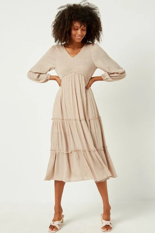 Smocked Bodice Midi Dress Style 5181 in Stone Comfortable Button Front Midi Dress