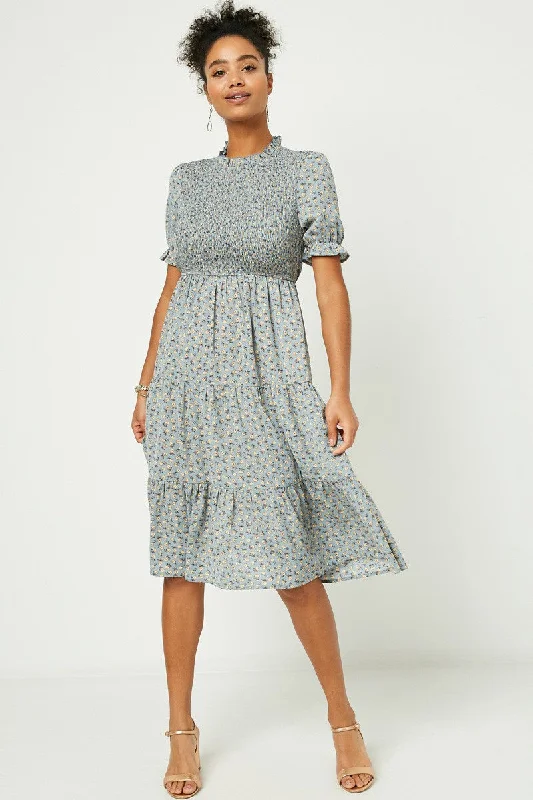 Smocked Bodice Tiered Midi Dress Style 2380 Fashionable Skater Midi Dress