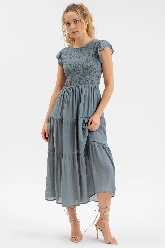 Smocked Tiered Midi Dress 2029 in Dark Teal Comfortable Lace-Up Midi Dress