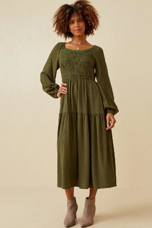 Smocked Waist Tiered Midi Dress Style 1454 in Olive Stylish Midi Dress with Cuffs