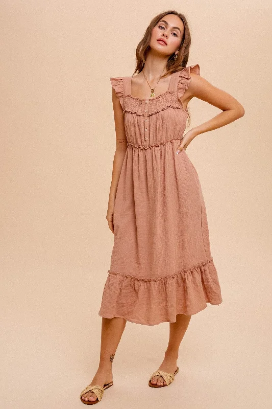 Smocked Yoke Midi Dress in Mauve Style 3055 Trendy Off-Shoulder Button Midi Dress