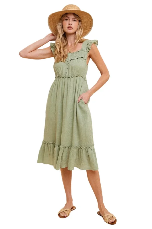 Smocked Yoke Midi Dress in Sage Style 3055 Fashionable A-Line Midi Dress
