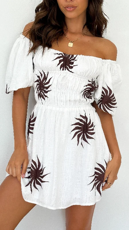 Sofia Mini Dress - White/Choc Sun Print Trendy Mini Dress with Belt