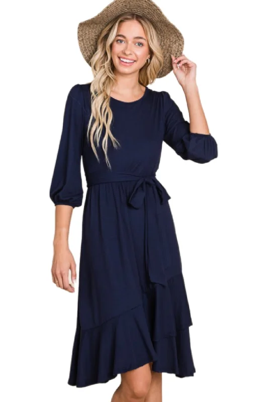 Solid 3/4 Sleeve Midi Dress Style 4137 in Navy or Black Stylish Cold Shoulder Midi Dress
