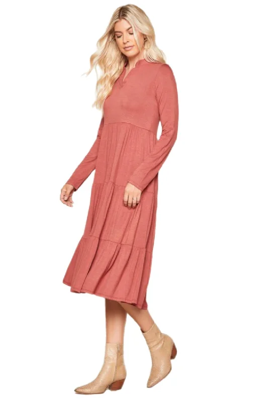 Solid Collar Midi Dress Style 5053 in Marsala Cozy Ribbed Knit Midi Dress