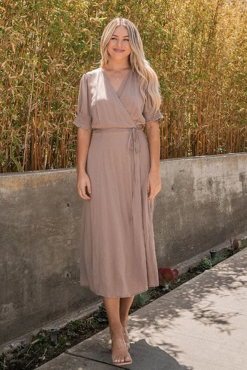 Solid Gauze Smocked Short Sleeve Midi Dress Style 1906 Chic Off-Shoulder Midi Dress