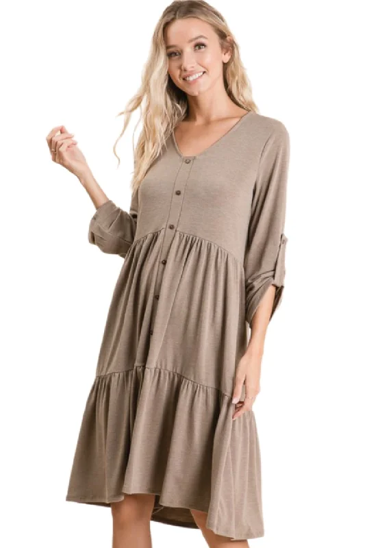 Solid Roll-Up Sleeve Midi Dress Style 5217 in Taupe Stylish Button-Down Midi Dress