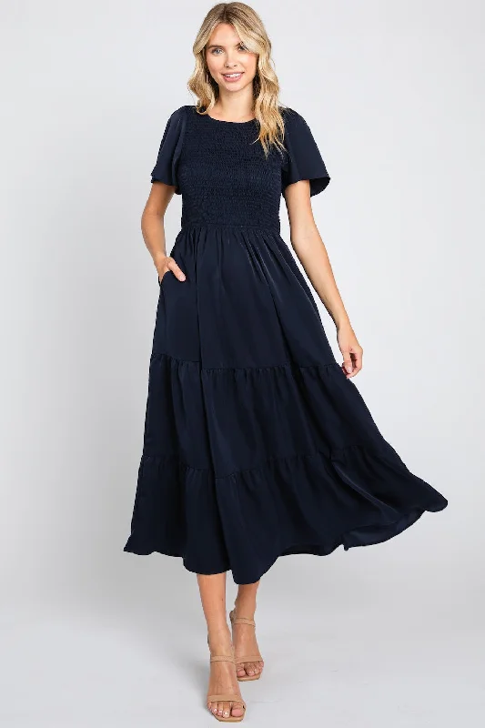 Solid Smocked Midi Dress Style 2042 in Midnight Comfortable Fit-and-Flare Midi Dress