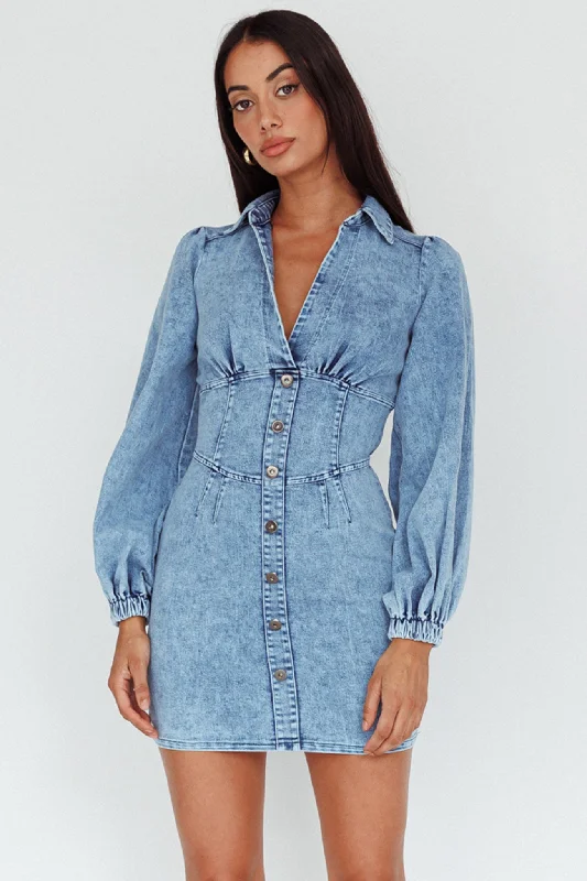 South Beach Long Sleeve Collared Mini Dress Denim Cozy Cowl Neck Mini Dress