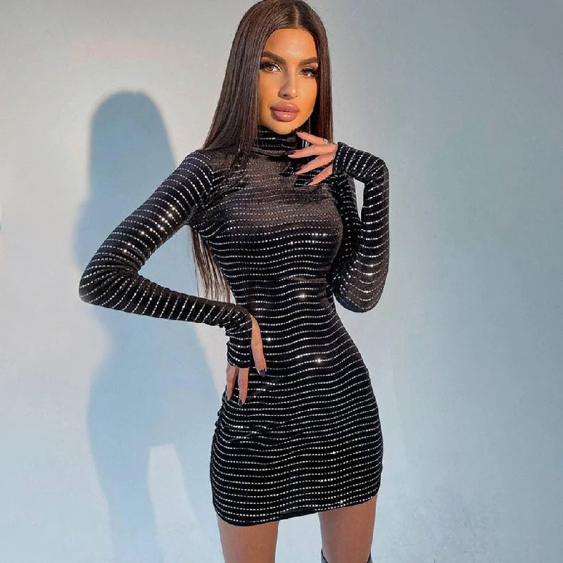 BerryBetty - Sparkly Turtleneck Long Sleeve Sequin Velvet Mini Dress - Black Stylish Puff Sleeve Mini Dress