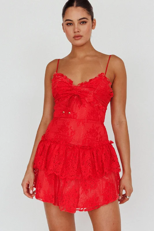 St Tropez Cami Strap Frill Trim Lace Mini Dress Red Elegant Tulle Mini Dress