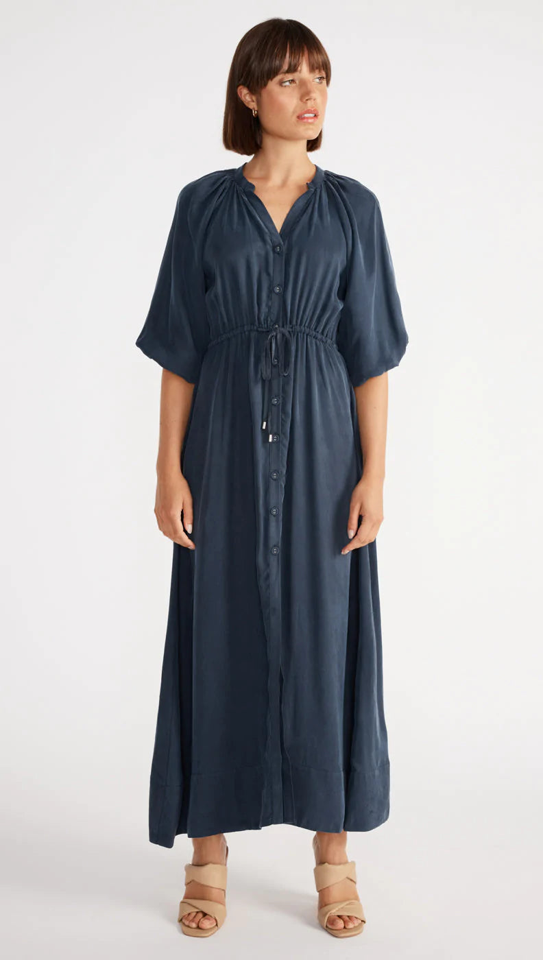 STAPLE THE LABEL NALA CUPRO MIDI DRESS NAVY Fashionable Sheer Sleeve Midi Dress