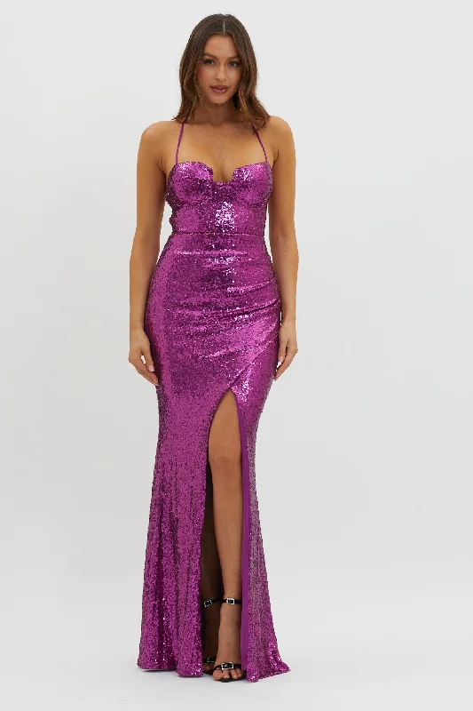 Starry Eyes Lace-Up Back Sequin Maxi Dress Magenta Stylish Empire Waist Maxi Dress