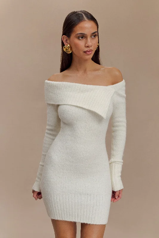 Stephanie Asymmetric Knit Mini Dress - Ivory Fashionable Boho-Chic Mini Dress