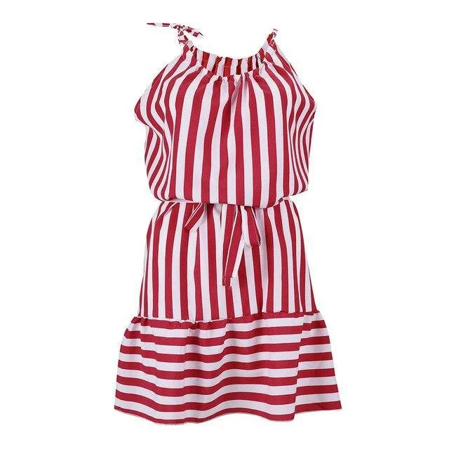 FashionSierra - Summer Dress Casual Halter Lace Up Red Striped Eastic Waist Patchwork Bandage Mini Dress  Women Dress Stylish Plaid Mini Dress