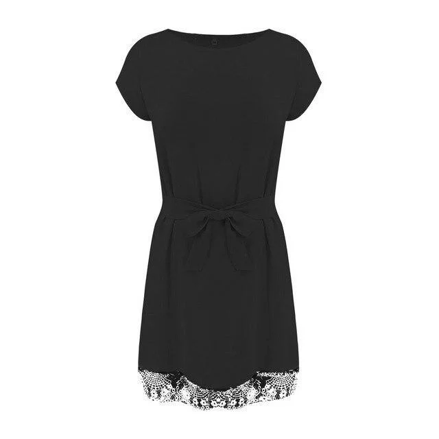 FashionSierra - Summer Dress Casual Round Neck Short Sleeve Lace Patchwork Bandage Mini Dress Black Pink White Women Dress Stylish Ribbed Mini Dress