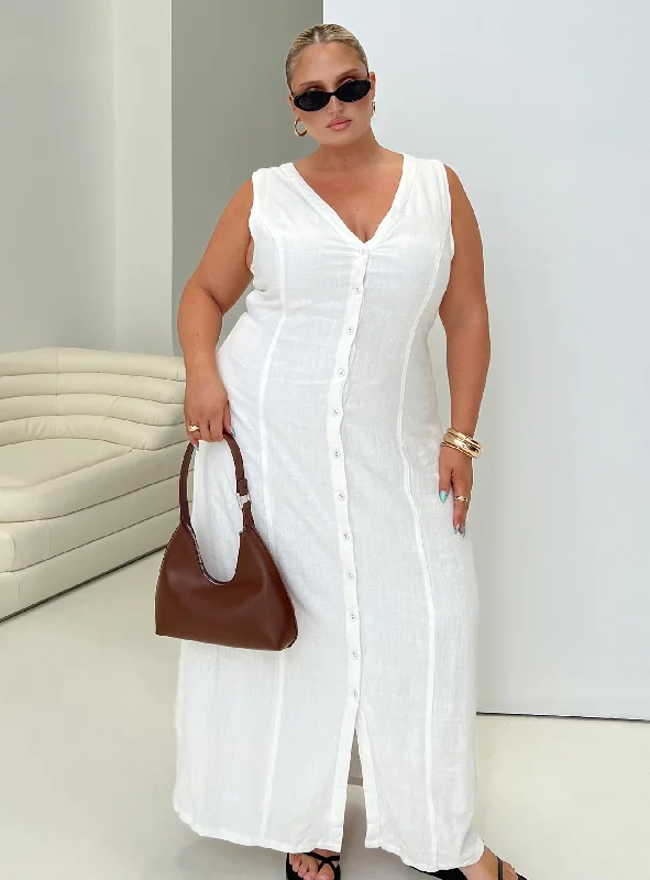 Summer Season Linen Blend Maxi Dress White Curve Comfortable Maxi Dress with Belt