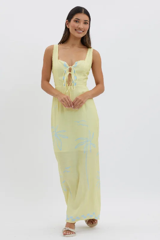 Sun Valley Tied Bodice Maxi Dress Lemon Elegant Silk Maxi Dress