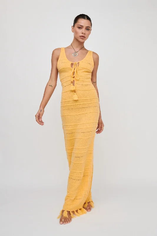 Sunlight Bust Tie Knit Maxi Dress Lemon Fashionable Layered Maxi Dress