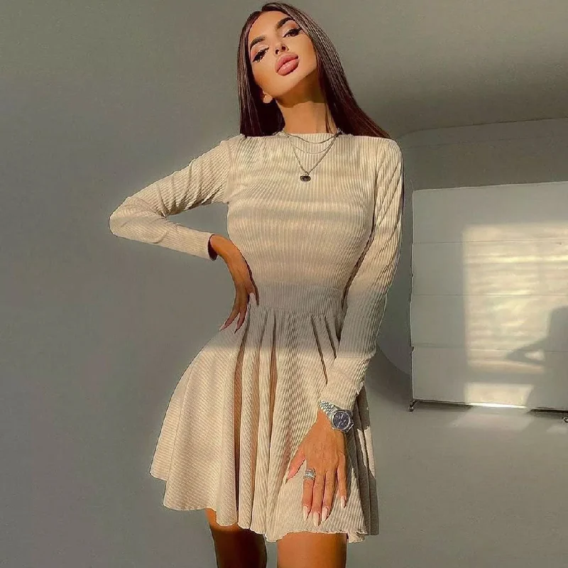 BerryBetty - Sweet Rib Knit Cut Out Back Long Sleeve Skater Mini Dress - Apricot Cozy Cotton Mini Dress