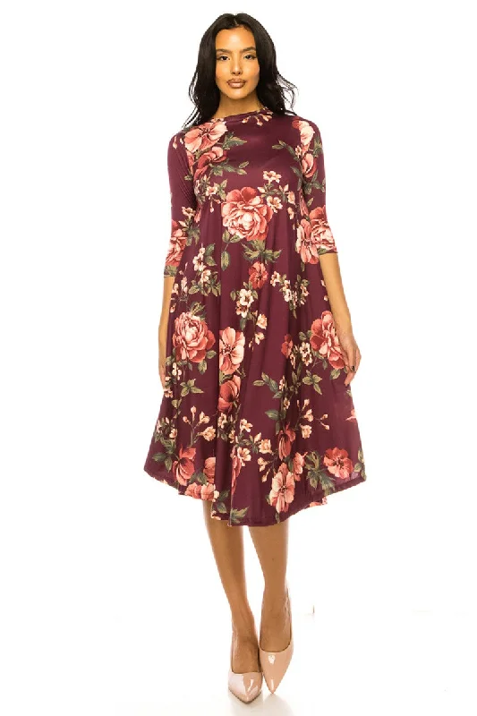 Swing Trapeze Midi Dress Style 2034 in Wine, Teal or Olive Floral Cozy T-shirt Midi Dress