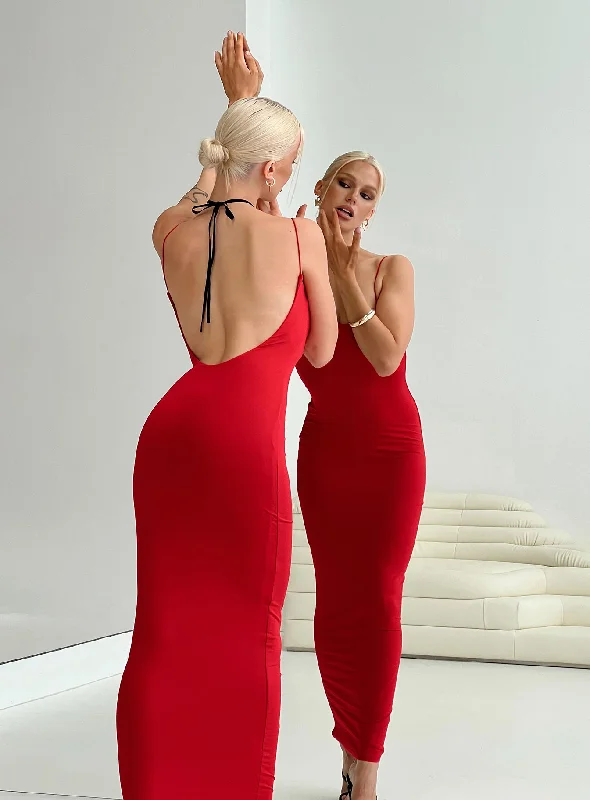 Taree Maxi Dress Red Cozy Ruffle Sleeve Maxi Dress