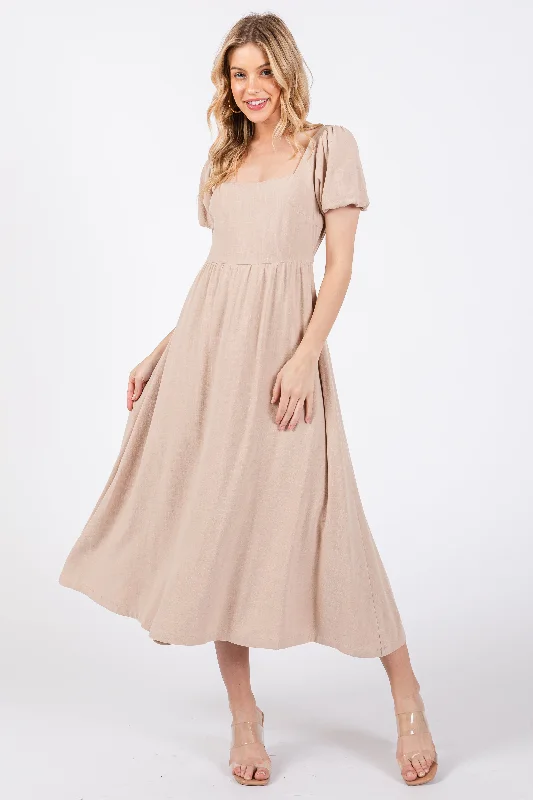 Taupe Puff Sleeve Linen Midi Dress Fashionable One-Shoulder Midi Dress