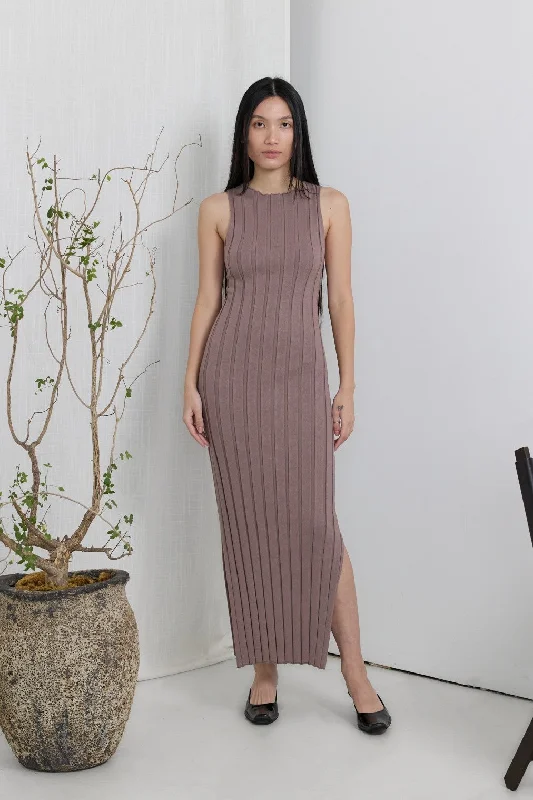 Taupe Sleeveless Knit Side Slit Midi Dress Elegant Maxi-Midi Hybrid Dress