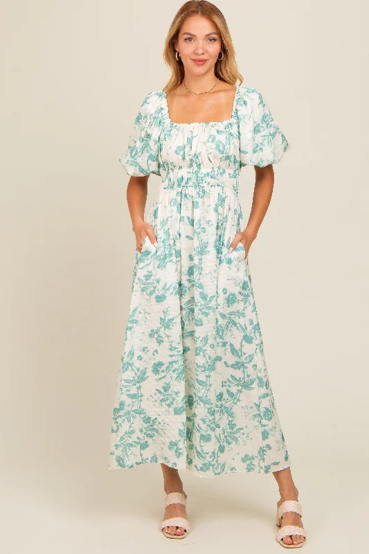 Teal Floral Puff Sleeve Midi Dress Fashionable Casual Midi Dress