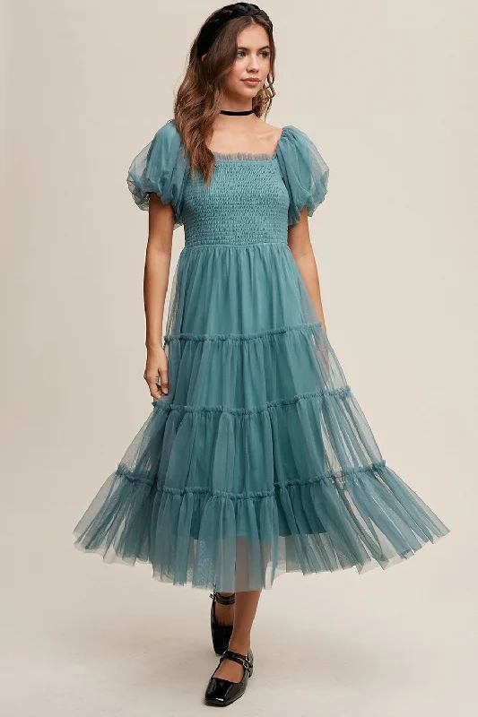 Teal Smocked Tiered Tulle Midi Dress Stylish Off-Shoulder Ruffle Dress