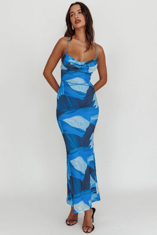 Teava Laced Waist Maxi Dress Abstract Blue Comfortable Ruffle Maxi Dress