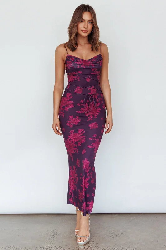 Teava Laced Waist Maxi Dress Floral Grape Comfortable T-Shirt Maxi Dress