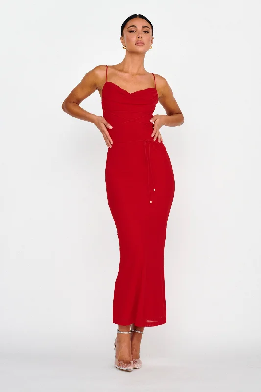 Teava Laced Waist Maxi Dress Red Chic Off-Shoulder Maxi Dress