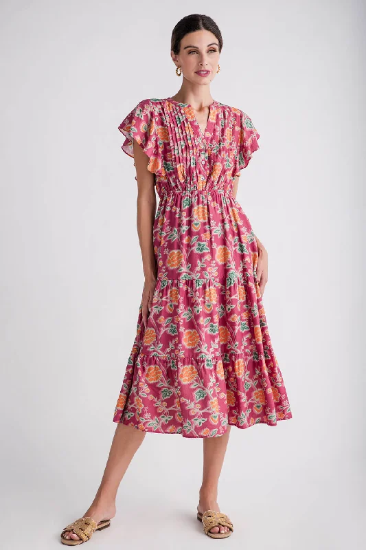THML Flutter Sleeve Tiered Midi Dress Stylish Color Block Midi Dress