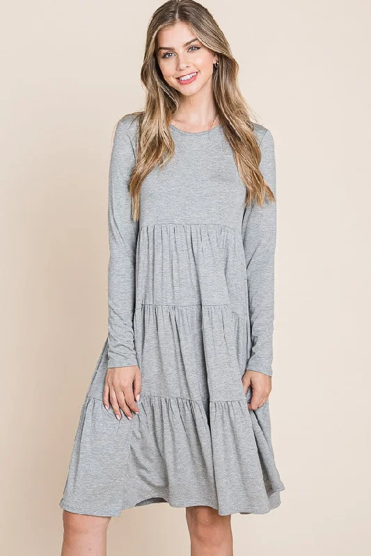 Tiered Midi Dress Style 1208 in Heather Grey Elegant Floral Appliqué Midi Dress