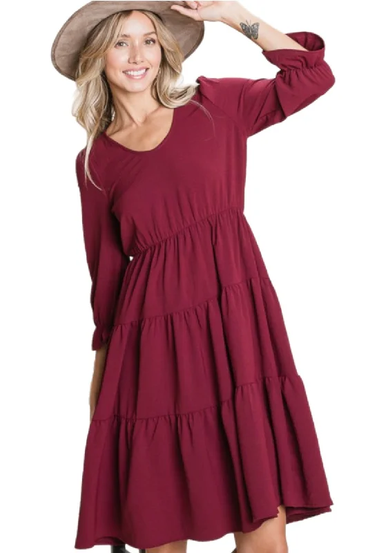 Tiered Midi Dress Style 5865 in Wine Comfortable Ribbed Midi Dress