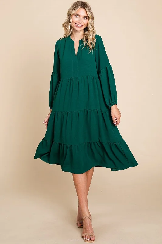 Tiered V Neck Long Sleeve Ruffle Hem Midi Dress Style 1027 Stylish Satin Midi Dress