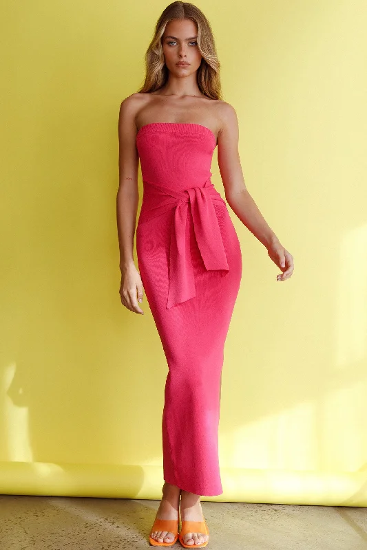 Told You So Strapless Waist Tie Knit Maxi Dress Hot Pink Comfortable Long-Sleeve Maxi Dress
