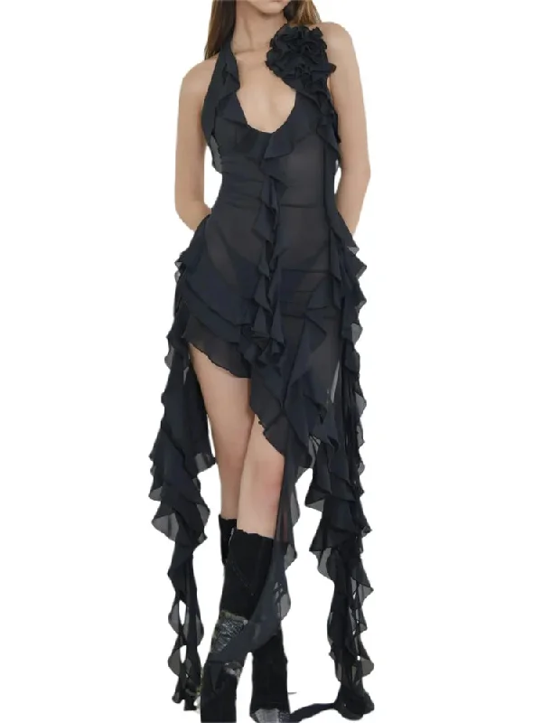 Trendy Asymmetrical Mesh Beach Party Mini Dresses Elegant Lace-Up Mini Dress