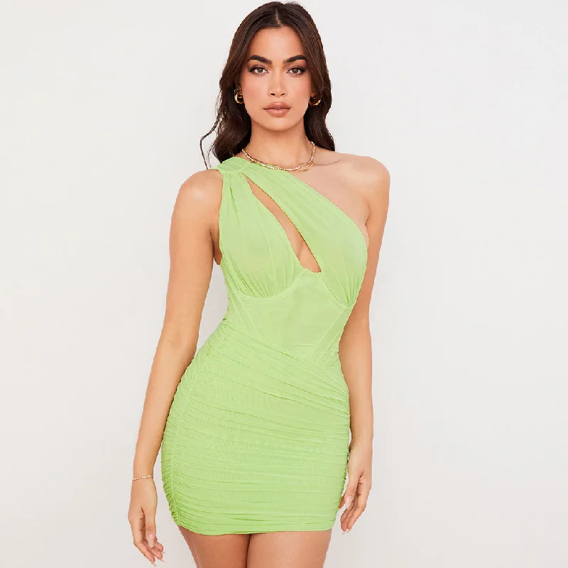 BerryBetty - Trendy One Shoulder Cut Out Ruched Mesh Party Mini Dress - Green Comfortable Boho Mini Dress